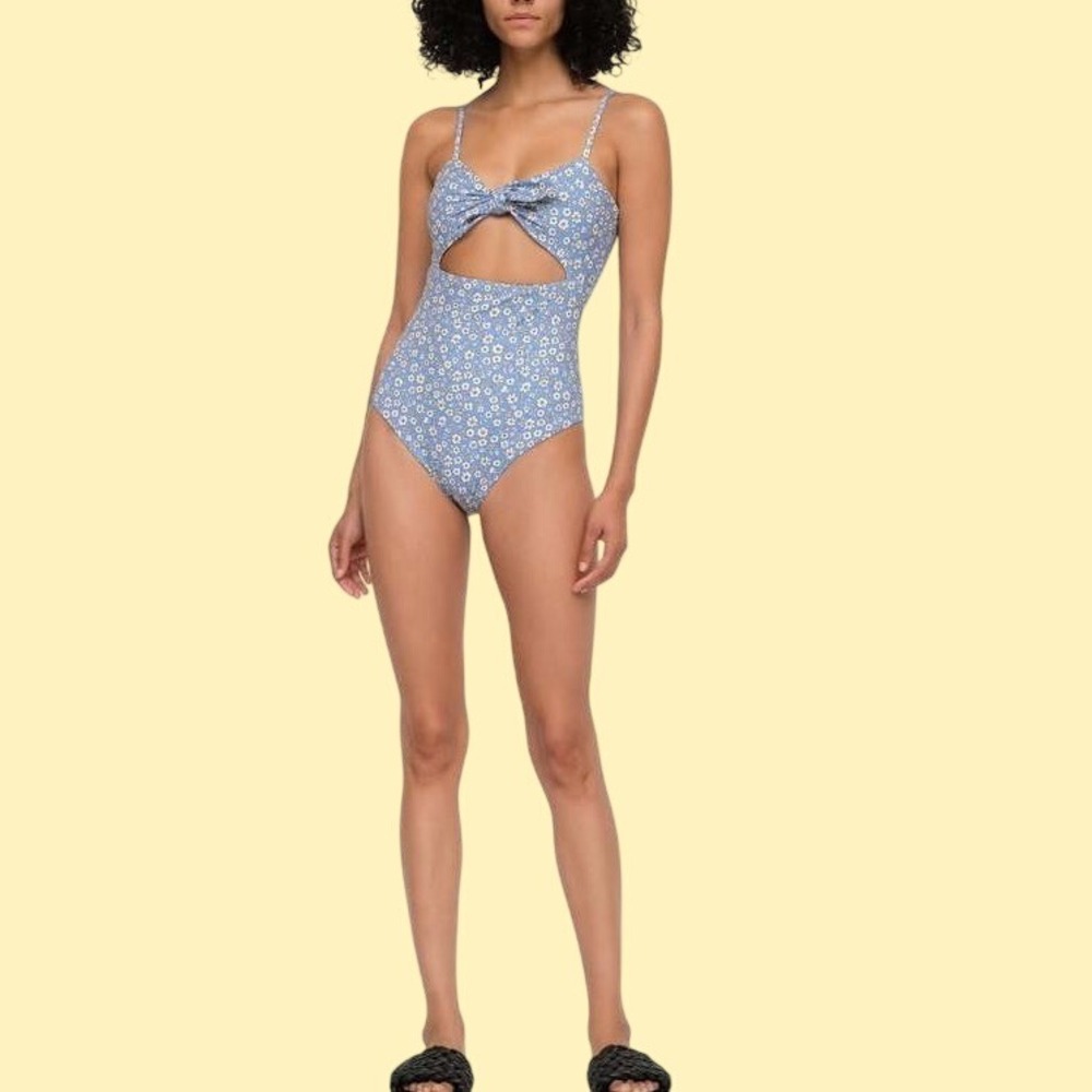 Sea NY Sadie One Piece Swimsuit Blue Floral Cutout Knotted Size S